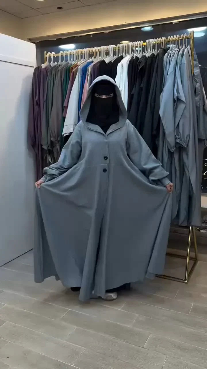 Ch 611 -Button-Front Long Frill Hoodie Winter Fleece Maxi Style with Wide Flare -