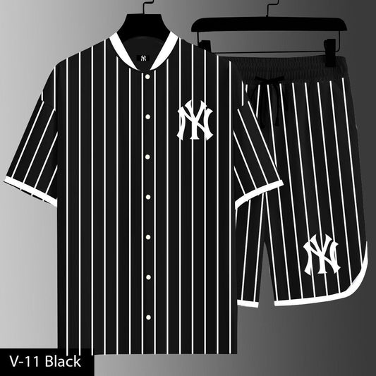 NY Pinstripe Summer  Tracksuit Set – Shirt & Shorts (V-11)